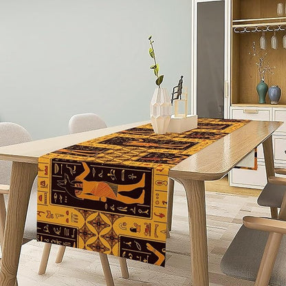 Retro Egypt Table Runner, Vintage Egyptian Gods Ancient Egyptian Hieroglyphs Table Runner for Kitchen Family Dining Holiday Party 13x90in