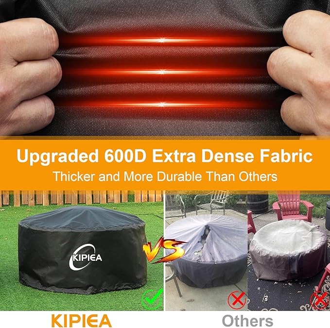 Kipiea Round Fire Pit Cover - 100% Waterproof Upgraded 600D Strong Tear Resistant Firepit Cover, UPF 50+ Outdoor Fire Pit Cover Fading Resistant, 50" Dia X 24" H