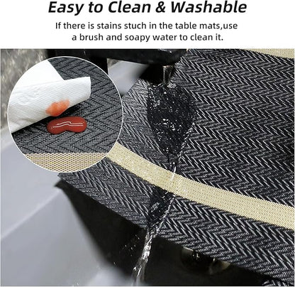 Luxurious Placemats Set of 8,Vinyl Table Place Mats Stain Resistant Foldable Placemats Washable Wipeable Placemat for Kitchen Dining Table Decoration Indoor Outdoor (Black)