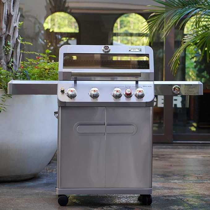 Monument Grills Outdoor Barbecue Stainless Steel 4 Burner Propane Gas Grill, 62,000 BTU Patio Garden Barbecue Grill with Side Burner, Infrared Technology and Knob Controls, Mesa415BZ with BBQ Cover