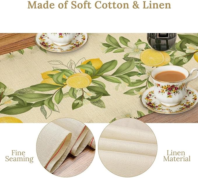 Summer Lemon Table Runner, Spring Blooming Lemon Tree Branches Bouquets Yellow Green Leaves Table Runner for Farmhouse Home Dining Kitchen Table Party Decor, 13x120inch