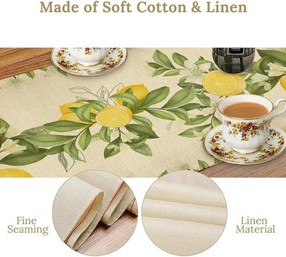 Summer Lemon Table Runner, Spring Blooming Lemon Tree Branches Bouquets Yellow Green Leaves Table Runner for Farmhouse Home Dining Kitchen Table Party Decor, 13x120inch