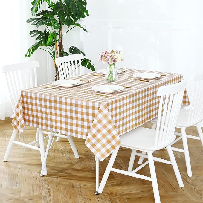 Romanstile Square Vinyl Tablecloth, 100% Waterproof Buffalo Gingham Plastic Table Cloth, Heavy Duty Wipeable Checkered Table Covers for Outdoor, Camping, Picnic, Patio - 54 x 54, Coffee and White