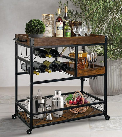Bar Cart Industrial Mobile Kitchen Serving Carts for Home 3 Tier Storage Trolley with Wine Rack Glasses Holder Two Portable Trays Universal Casters with Brakes Rustic Rolling Cart for Indoor Outdoor