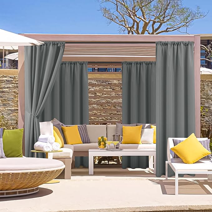 HolidayIdeas Outdoor Patio Curtains Waterproof with Rod Pocket 8 Panels 54x84 Inch- Protect Privacy Balcony Outdoor Curtains for Apartments,Porch, Gazebo, Pergola, Sliding Glass Door, Grey