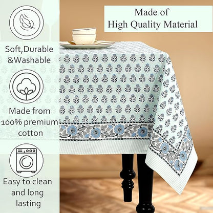 CPC Tablecloth 100% Cotton 80x120 Inch Indian Block Print Rectangle Table Cover, Washable Table Cloth for Weddings, Spring/Summer, Barbeque - Poppy Blue