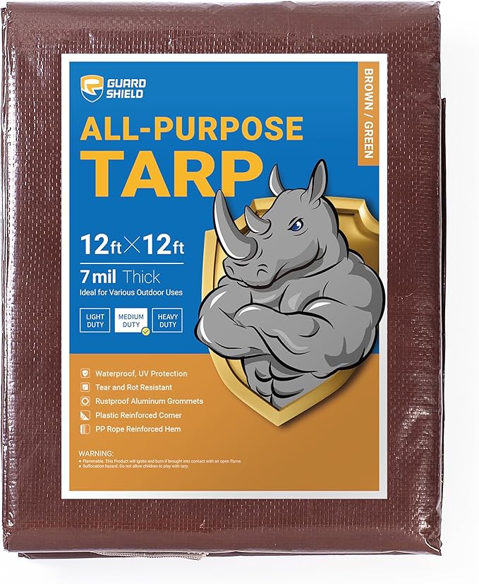 GUARD SHIELD Brown/Green Tarp 12x12 Feet Medium Duty Outdoor Waterproof Multi Purpose Poly Tarps Cover 7mil