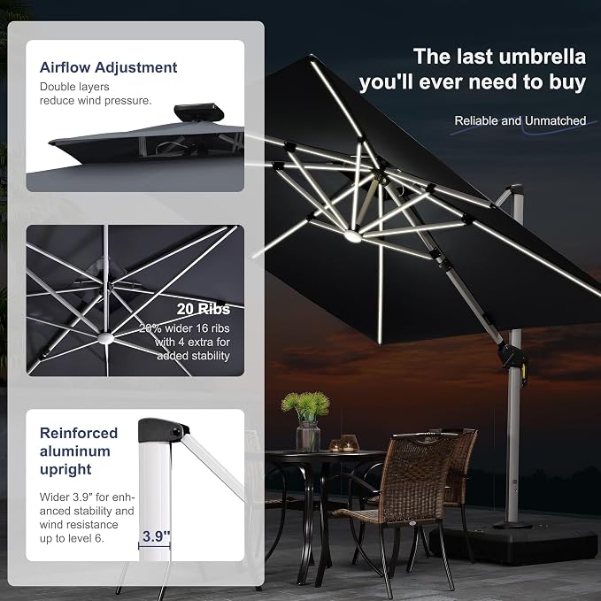 PURPLE LEAF Cantilever Umbrella 12'X12' Double Top Solar LED Light, Stays bright - Image 2