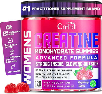 Creatine Monohydrate Gummies 6000MG Pre-Workout for Women, Creatine Gummies with Collagen, BCAA 2:1:1, Zinc & Taurine for Muscle Support, Enhance Strength & Booty, Gluten-Free, 120 Counts