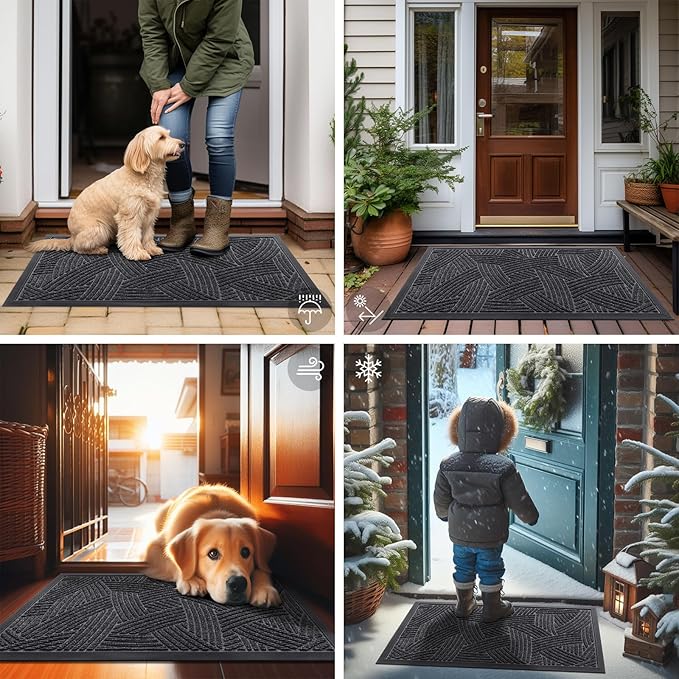 Smiry Front Door Mat Outside Entrance, Heavy Duty Sturdy Natural Rubber Doormat, Trap Dirt and Moisture, Easy Clean Low Profile Mats for Indoor Outdoor Entry, Interwoven Stripes (29.5x17, Grey)