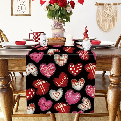 Valentines Day Decorations Table Runner Love Hearts Black Kitchen Dining Table Decor Holiday Anniversary Indoor Outdoor Party Suppies 72×13 Inch