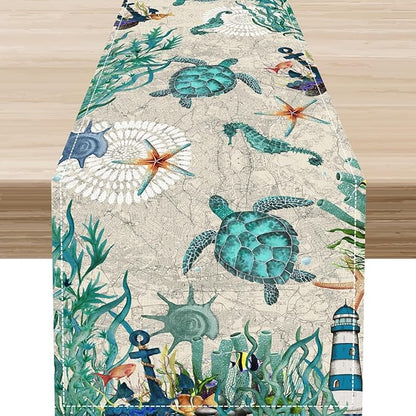 Sea Turtle Table Runner, Summer Coastal Starfish Seahorse Seashells Coastal Nautical Tropical Ocean Rustic Farmhouse Table Center Decor for Home Kitchen Dining Patio Indoor Outdoor, 13"x36" Inch
