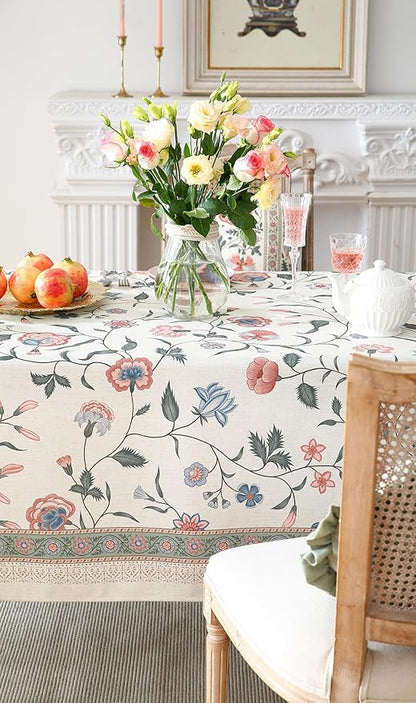 ISAENNE Designer Chinoiserie Linen Floral Rectangular Tablecloth,White Wrinkle Resistant Table Cloth,Elegant Decor Tablecloths for Dining Thanksgiving Kitchen Party Christmas,55"*87"-Daffy