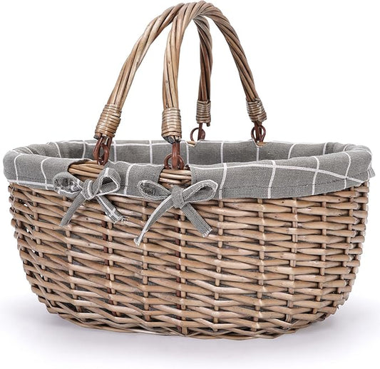 G GOOD GAIN Oval Picnic Basket with Folding Handles, Willow Hand Woven Shopping Basket, Bath Storage Gift Packing Basket, Wicker Empty Easter Eggs and Candy Small Gift Basket.GreyCheck