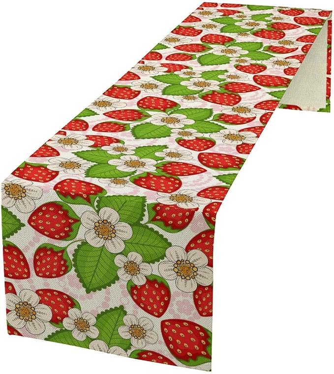 Spring Strawberry Table Runner, Floral Strawberries Flowers Leaf Season Inspirational Design Table Runner for Kitchen Dining Party Holiday Home 13x36in