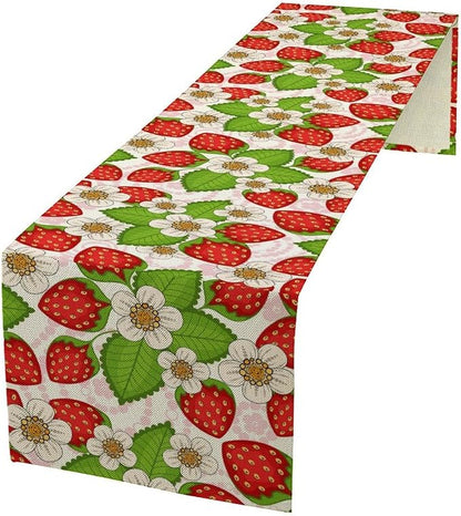 Spring Strawberry Table Runner, Floral Strawberries Flowers Leaf Season Inspirational Design Table Runner for Kitchen Dining Party Holiday Home 13x120in