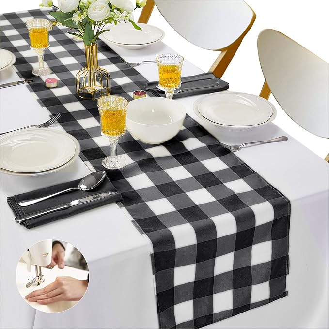 Fabric Checkered Table Runner 6 Pack Waterproof Gingham Table Runner 14W x 108L Buffalo Check Table Runners for Parties Kitchen Dining Wedding Banquet (Black and White)
