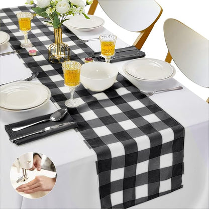 Fabric Checkered Table Runner 1 Pack Waterproof Gingham Table Runner 14W x 108L Buffalo Check Table Runners for Parties Kitchen Dining Wedding Banquet (Black and White)