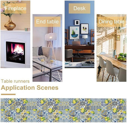 Farmhouse Rustic Lemon Table Runner,Vintage Morocco Blue Tiles Mediterranean Summer Fruit Print Table Runner for Kitchen Dining Table Home Party Decor 13x108in