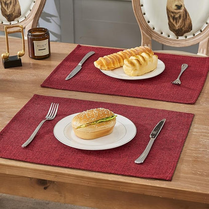 BALCONY & FALCON Placemats Set of 6 Faux Linen Cloth Place Mats Washable Waterproof Wrinkle Resistant Table Placemats for Dining Kitchen Farmhouse Indoor & Outdoor Use(Ruby Red, 13.8”x 17.7”