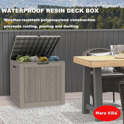 Mars Villa 31 Gallon Deck Box, Outdoor Storage Box Waterproof, Outside Resin Storage Bin for Outdoor Patio Furniture Cushions, Pool Supplies, Garden Tools, UV-Resistant and Weatherproof, Light Brown