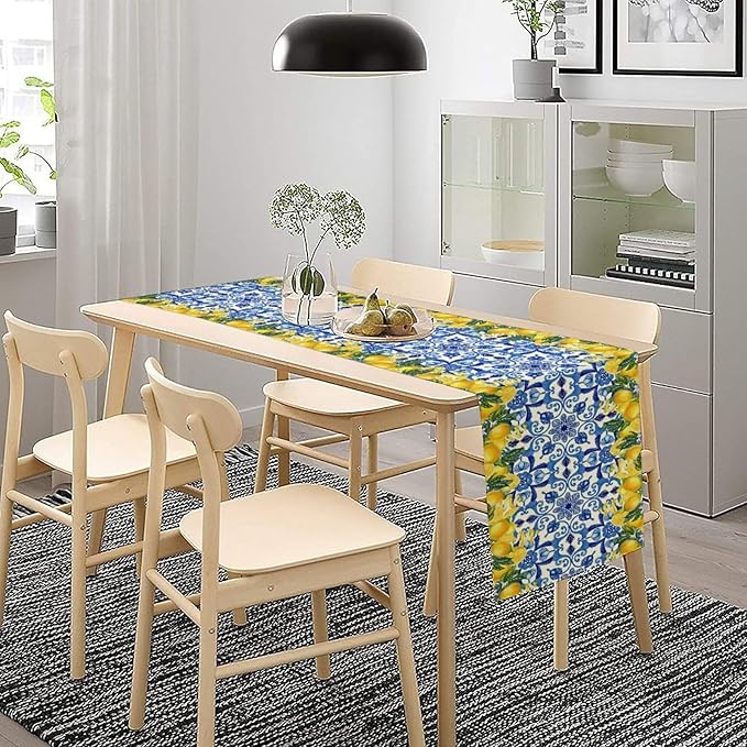 Blue Lemon Table Runner, Italy Tile Yellow Lemon Fruit Table Runners for Farmhouse Coffee Home Kitchen Dining Party Patio Indoor Outdoor 13x60in