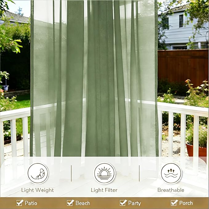 Outdoor Sheer Curtains for Patio Waterproof, 2 Panels Rod Pocket Indoor/Outdoor - Image 5