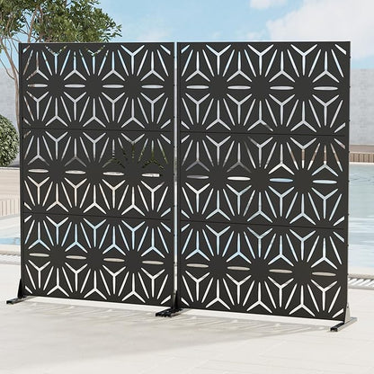 Casaphoria 72" H x 45" W Metal Privacy Screen, 2 Pack Outdoor Freestanding Decorative Divider for Patio & Garden with Stable Base, Black-Star