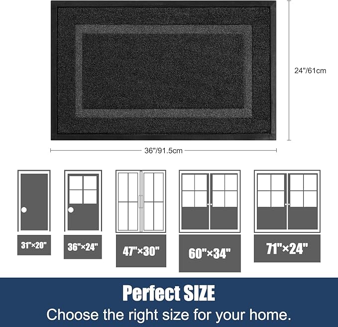 Large Front Door Mat Outside Entrance Indoor Doormat, 36" x 24" Outdoor Mats For Patio Waterproof, Outdoor Door Mats For Outside Entry, Indoor Rugs for Entryway, Sturdy Natural Rubber Entry Mat, Black