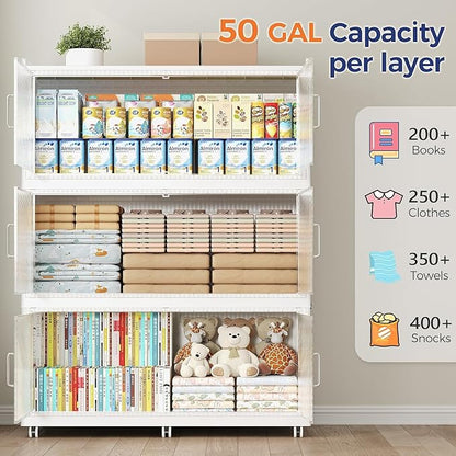 150GAL Extra Large Storage Bins with Lid, 600QT Collapsible Organizer with Wheels, Stackable Closet Cabinet with Doors, Folding Storage Containers for Home, Office, Kitchen, 3Pack White