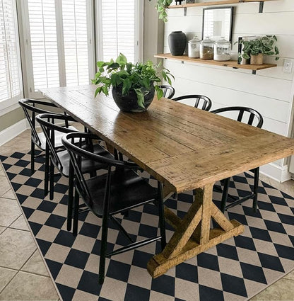 Easy Jute Black Checkered 8x10 Area Rug, Washable Modern Outdoor Rug for Patio Non-Slip Diamond Rugs for Living Room, Neutral Farmhouse Floor Carpet for Bedroom Dining Room Classroom