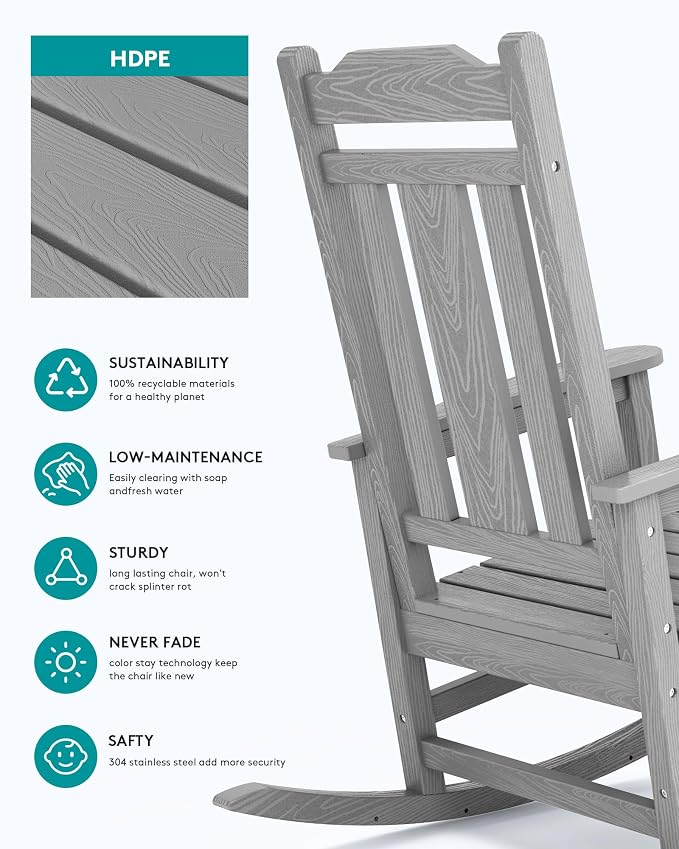 SERWALL Oversized Outdoor Rocking Chair, Patio Rocking Chair, Space Gray | - Image 3
