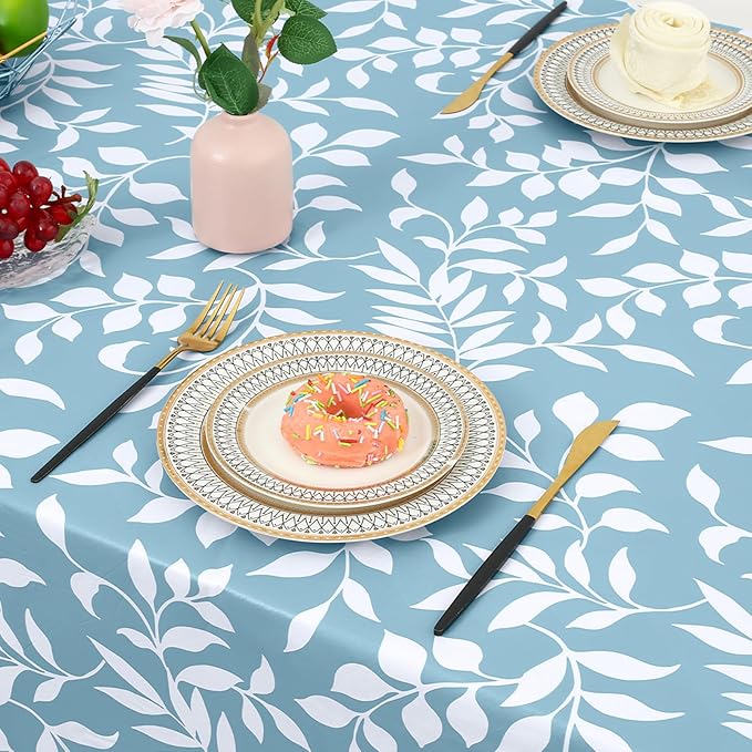 misaya Rectangle Waterproof Vinyl Table Cloth, Wipeable Tablecloth with Flannel Backing, Plastic Table Cover for Dinner, Picnic, Indoor and Outdoor (Blue Leaves, 60" x 84")