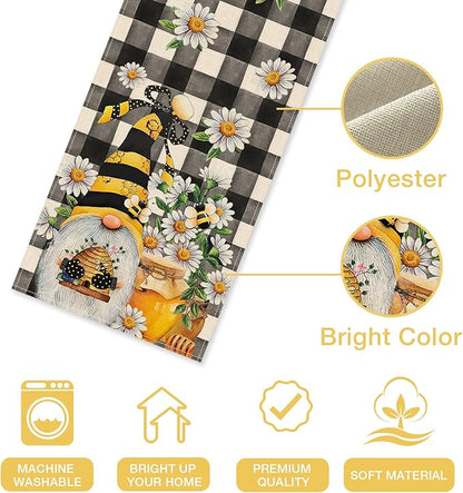 Seliem Spring Bee Gnome Table Runner, Honey Black White Buffalo Plaid Check Home Kitchen Dining Decor, Summer Seasonal Farmhouse Daisy Decorations Indoor Outdoor Anniversary Party Supply 13 x 48 Inch