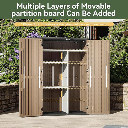 Aoxun Outdoor Storage Shed, 64 Cu.Ft Vertical Storage Sheds Outdoor with Floor, Outdoor Waterproof Storage Cabinet for Garage Storage, Pool Storage, Bike Shed, Garden Shed (Brown)