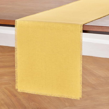 Solino Home Linen Fringe Table Runner 72 Inches Long - 100% Pure Linen Marigold Yellow Table Runner 14 x 72 Inch for Spring, Easter