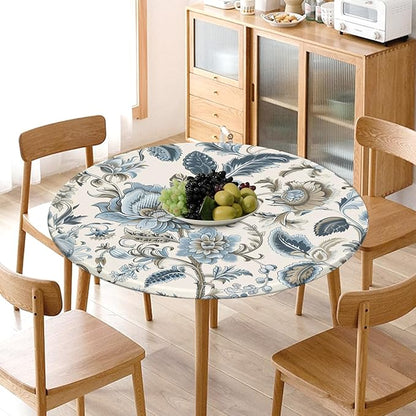 Vintage Floral Round Fitted Tablecloth with Elastic Blue Brown Chinoiserie Flower Circle Table Cloth for 48-52" Round Tables Wipeable Waterproof Elegant Rustic Table Cover for Dining Patio Picnic