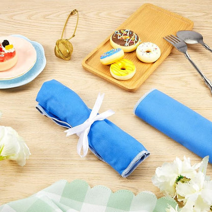 Weewooday Silver Storage Bags Anti Tarnish Silver Protector Bags Blue Holder for Silverware Flatware Storage Organizer Cloth Place Setting Roll with White Ribbon for Teaspoon Utensils(4 Pieces)