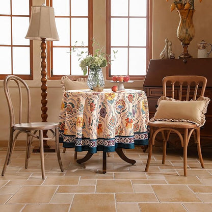 Vintage French Round Tablecloth,Linen Extra Long Tablecloth with Rose and Cornflower Pattern,Decorative Table Cover for Kitchen,Dining,Thanksgiving,Party,Diameter 55"-Lanae