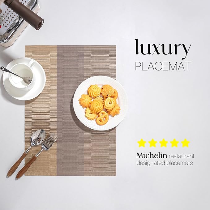 LEXMORE Placemats Set of 4 Vinyl/Plastic Woven Place Mats for Kitchen Table Indoor/Outdoor Washable Placemat Wipeable Dining Table Mats(Gold Dune)