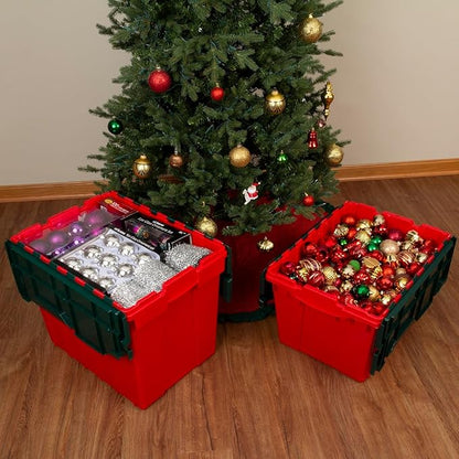 Akro-Mils KeepBox 18 Gallon Storage Container, Nesting and Stackable Plastic Storage Box with Lid Attached, Organizer Tote for Garages, Closets, and Moving, 21" x 15" x 17", Red/Green