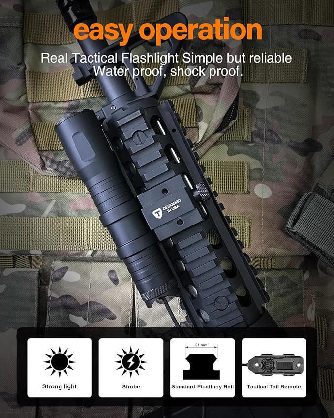TOUGHSOUL Mlok Picatinny Tactical Flashlight 1250 Lumens, Rechargeable Flashlight with Remote Pressure Switch LED Light with Rechargeable Batteries and Charger Included (Picatinny Mounted)