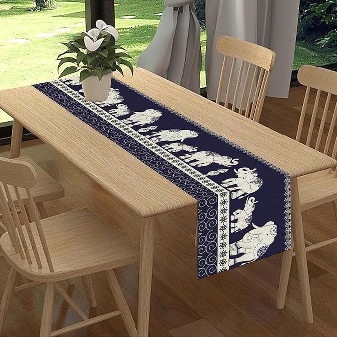 Boho Elephant Table Runner, Rustic African Tribal Traditional Diwali India Ethnic Folk Rustic Blue Coffee Table Center Decor for Home Kitchen Dining Holiday Party Outdoor Table Decorations, 13"x72"
