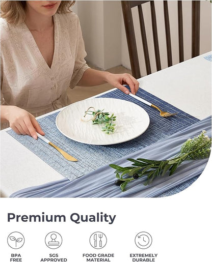 Leetaltree Gradient Blue Woven Placemats Set of 6 - Heat Resistant Non-Slip Place mats for Dining Table, Washable Durable PVC Vinyl Woven Table Mats(Gradient Blue, 6)