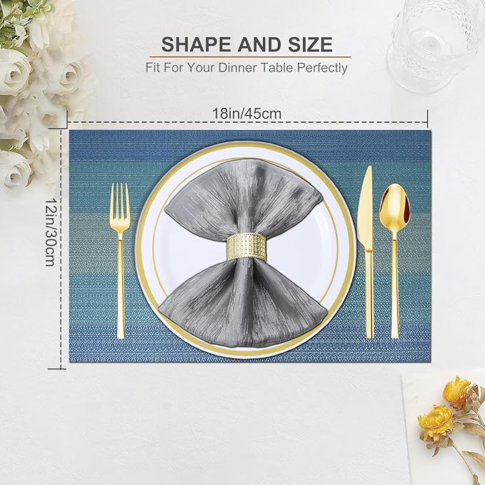 BETEAM Placemats Set of 6, Woven Vinyl Placemat for Dining Table Washable Wipeable Kitchen Place Mats Durable Indoor Outdoor Table Mats