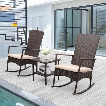 Outdoor HDPE Wicker Rocking Chair 3-Piece Patio Rattan Bistro Set 2 Rocker - Image 2