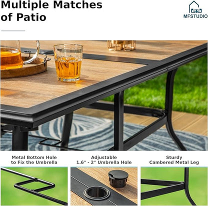 MFSTUDIO Outdoor Patio Dining Table for 6, Rectangular Furniture Table with Metal Frame and Immitation Wood Top, Outdoor Deck Backyard Garden Table with Umbrella Hole