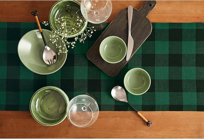 Solino Home Linen Checkered Table Runners 90 Inches Long - 100% Pure Linen Green and Black Buffalo Check Table Runner 14 x 90 Inch Ideal for Dining, Winter