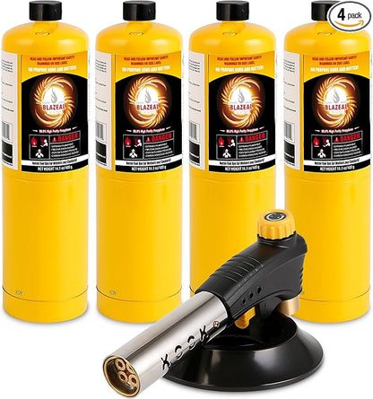 BLAZEAL Propane Torch Kit with 4x MAPP Gas,4-Flame Blow Torch Head with Propane Tank Base for MAP Gas,Work in All Angle,Trigger Start Torch Gun for Welding Brazing Soldering Grill Camping Cooking Food