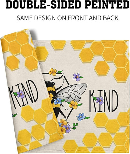 Giwawa Bee Kind Placemats Set of 4-12"x18" Summer Bees Floral Linen Place Mat- Yellow Honeycomb Washable Heat Resistant Table Mats for Kitchen Dining Party Tabletop Picnic Decoration